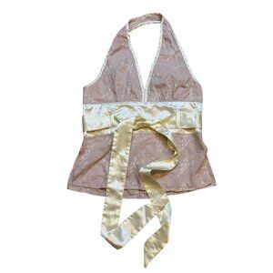 Y2K Charlotte Russe Embroidered Halter Top Blush Satin Bow Large